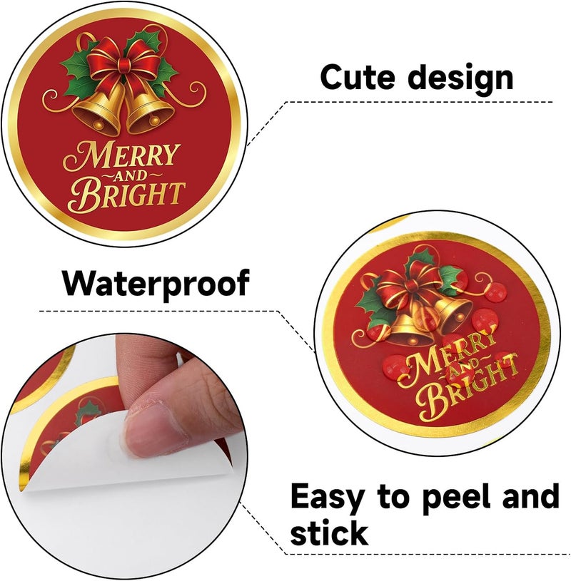Alynta Merry and Bright Stickers - 2 Inch 120Pcs Holiday Stickers Gold Foil Christmas Sticker Round Large Xmas Bell Sticker Labels for Envelope Seals Ornaments Presents - Image 3